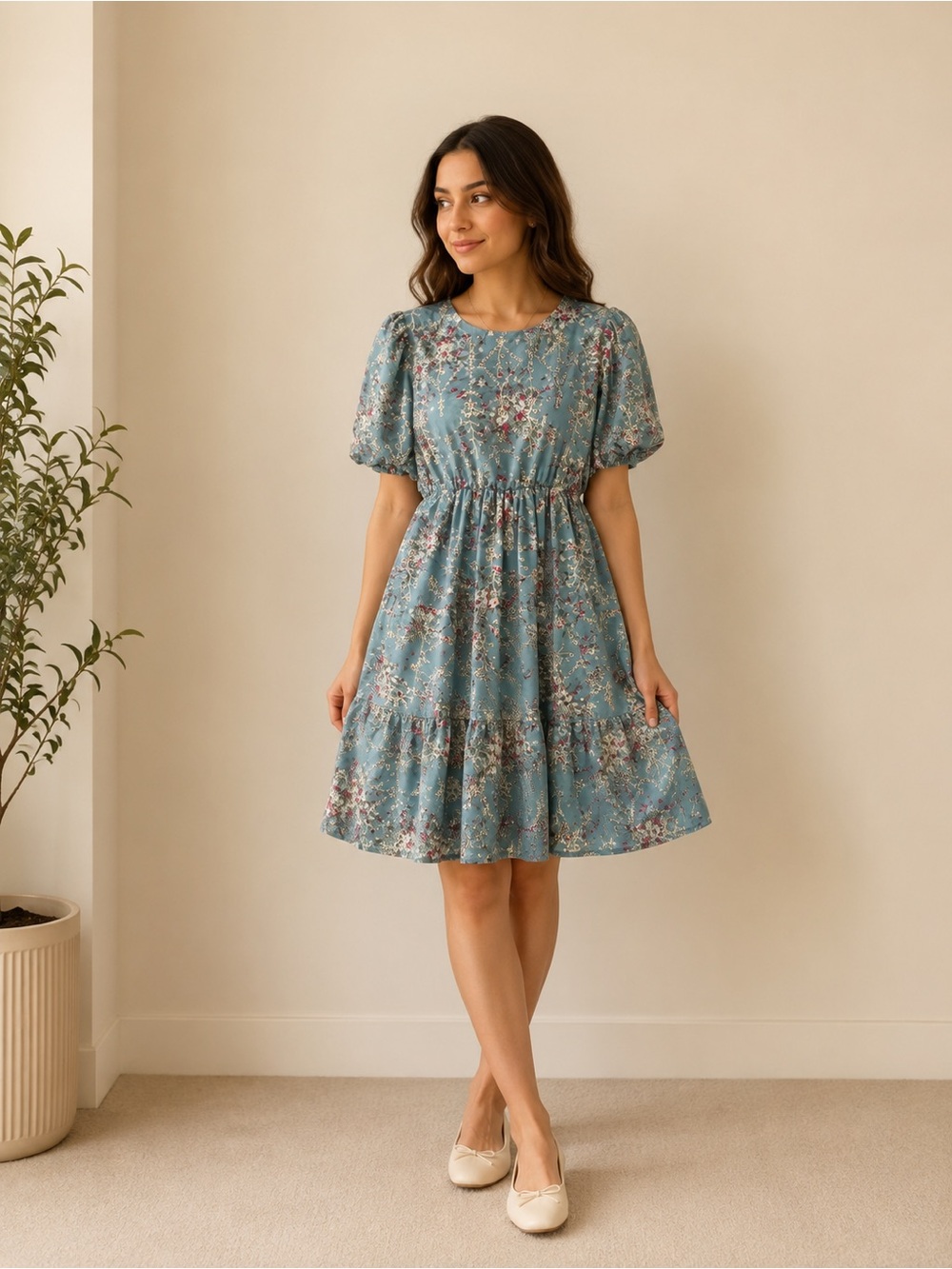 Eunice Blue Floral Puff Sleeve Floral Dress Small